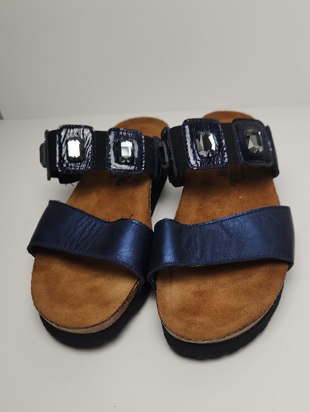 Noat Metallic Navy Gem-Accent Slide Sandals Size 36